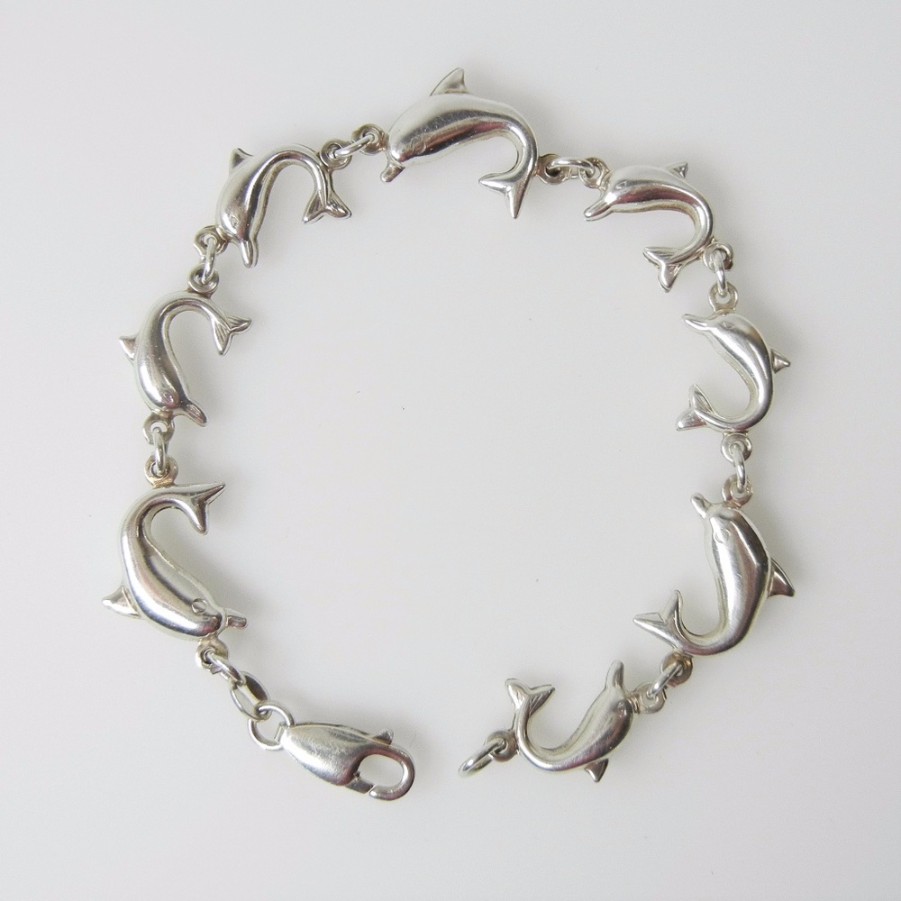 Vintage 925 Graduating 3D Dolphin Link Bracelet